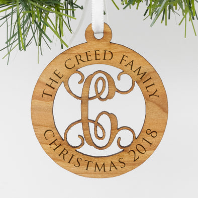 Custom Wood Family Monogram Ornament, Personalized Engraved Family Wood Ornament, Custom Christmas Ornament "The Creed Family"