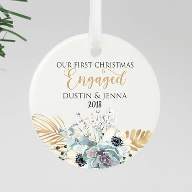 Our First Christmas Engaged Ornament, Custom Ornament, Personalized Christmas Ornament "Dustin & Jenna"