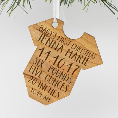 Custom Wood Baby Onesie Ornament, Personalized Engraved Babys' FIrst Christmas Wood Ornament, Custom Christmas Ornament "Jenna Marie"