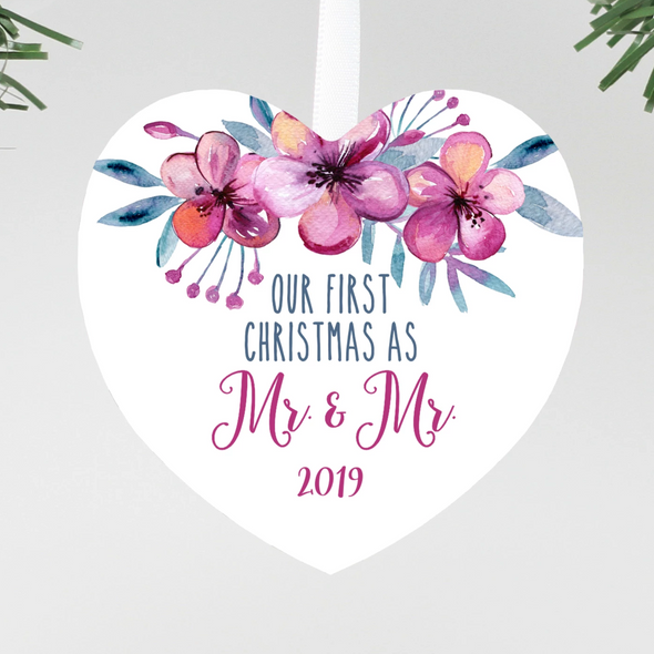 Mr. & Mr. Christmas Ornament, Heart Floral Mr. and Mr. Gay Christmas ornament