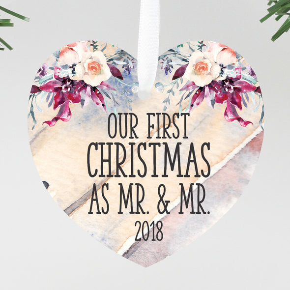 Our First Christmas as Mr & Mr Round Floral Christmas Ornament, Newlywed Custom Ornament, Personalized Christmas Ornament "Mr & Mr"