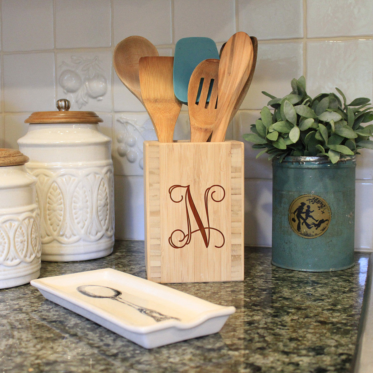 Kitchen Utensil Square Box Holder Custom Bamboo Wood Utensil Holder Square  Bamboo Utensil Holder Engraved Utensil Box Kitchen Decor 