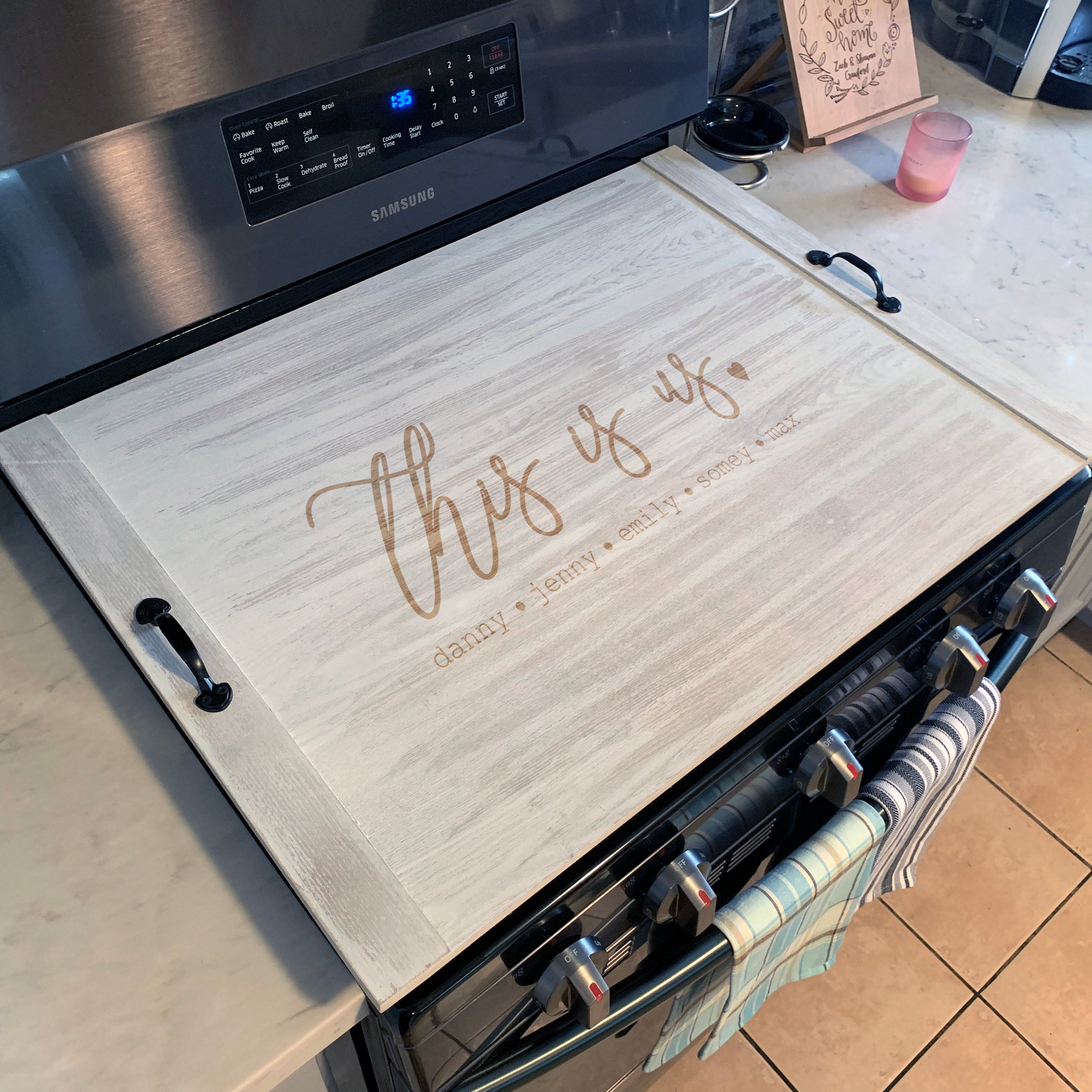 Personalized Stove Top Cover, Custom Noodle board, Ottoman Tray, This is  Us
