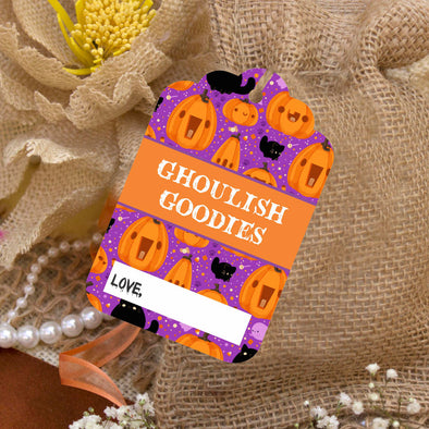 Reusable Halloween Goodie Bag Tags "Ghoulish Goodies" (Set of 5)