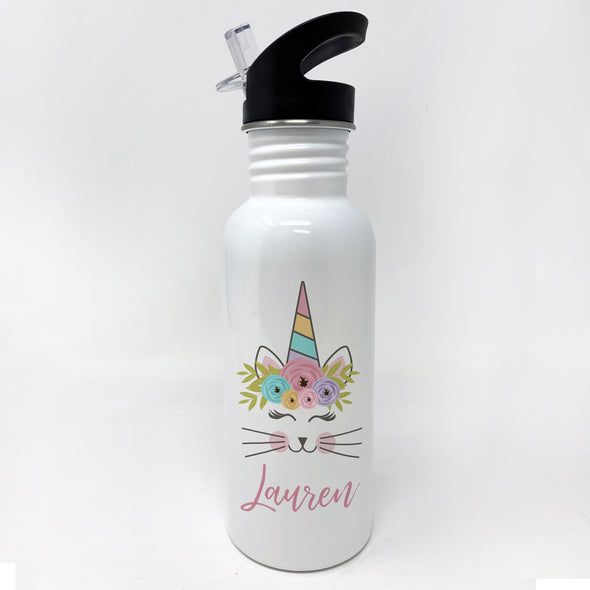 Caticorn Watter Bottle, Personalized Sports Bottle with Straw, Water Bottle for Kids,