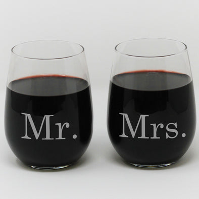 Stemless Wine Glass set, Wedding Wine Glasses, - "Mr. & Mrs."