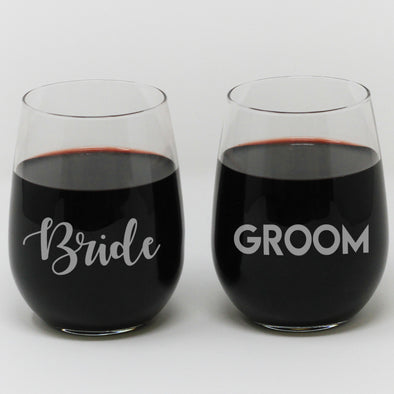 Stemless Wine Glass Set - "Bride & Groom"