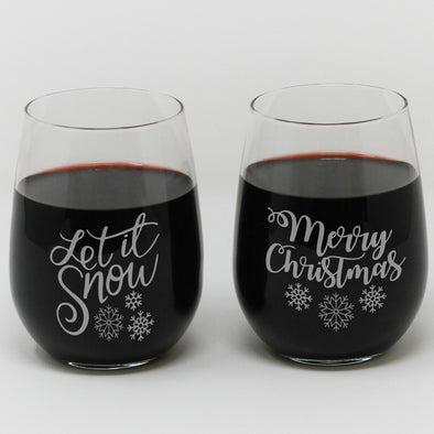 Stemless Wine Glass - "Let It Snow & Merry Christmas"