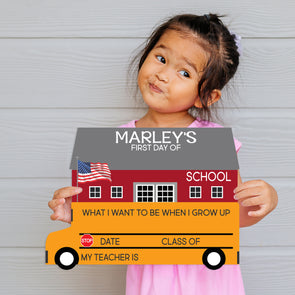 School bus shaped first day of school sign