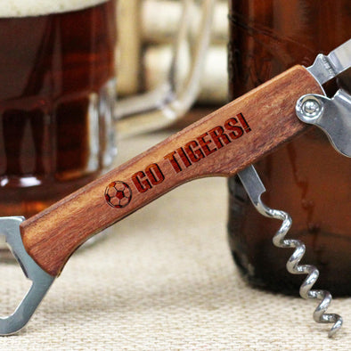 Personalized Engraved Wood Bottle Opener - "Soccer Go Tigers"