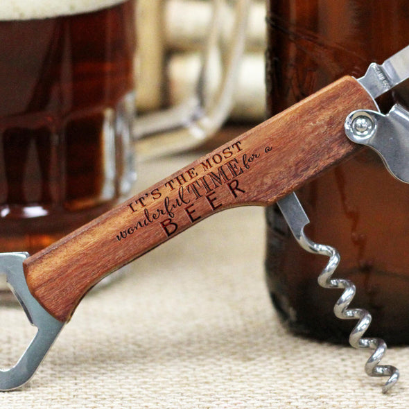 Engraved Wood Bottle Opener - "The Most Wonderful Time for a Beer, Cute Fonts"