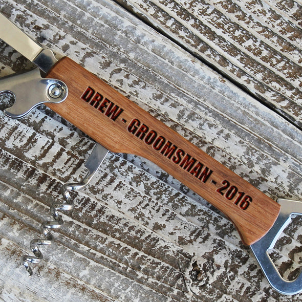 Personalized Engraved Wood Bottle Opener - "Drew - Groomsman"
