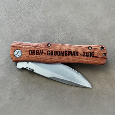 Personalized Engraved Wood Pocket Knife - "Drew Groomsman"