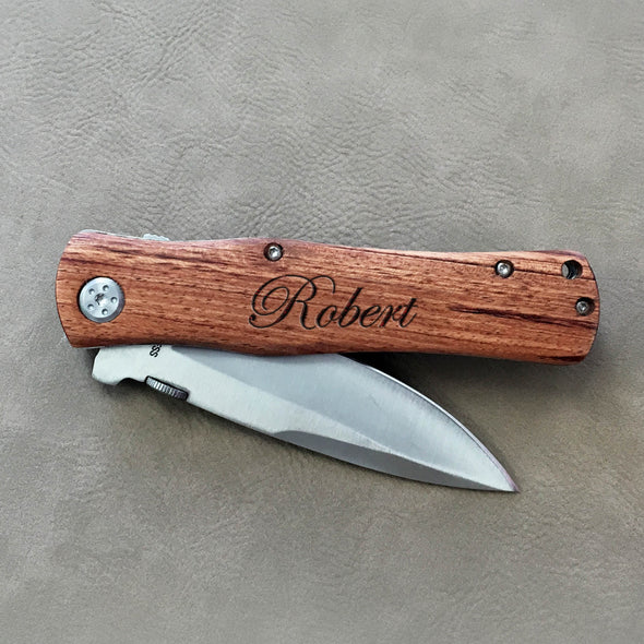 Personalized Father's Day Engraved Wood Pocket Knife - "Robert Script Font"