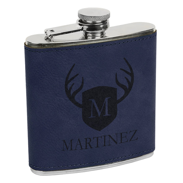 Martinez Deer Antler Flask, Shield & Antler Flask, Last Name Custom Flask, Personalized Flask