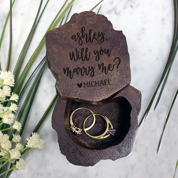 Personalized Engraved Ring Box, Custom Rustic Wood Ring Box, Engagement Ring Box, "Ashley Marry Me"