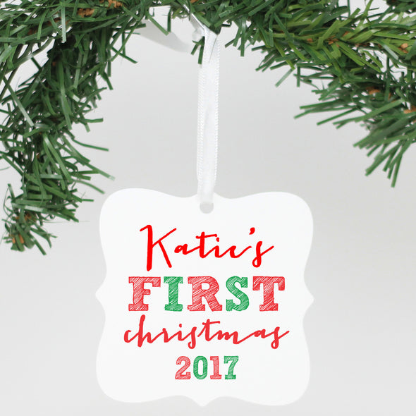 Personalized Aluminum Ornament - "First Christmas"