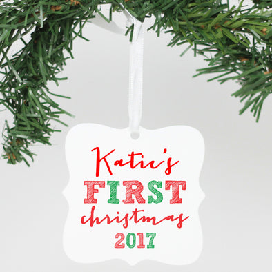 Personalized Aluminum Cute Square Ornament - "Katie's First Christmas"