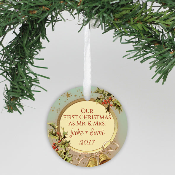 Personalized Ceramic Ornament - "Holly & Bells, Our First Christmas"