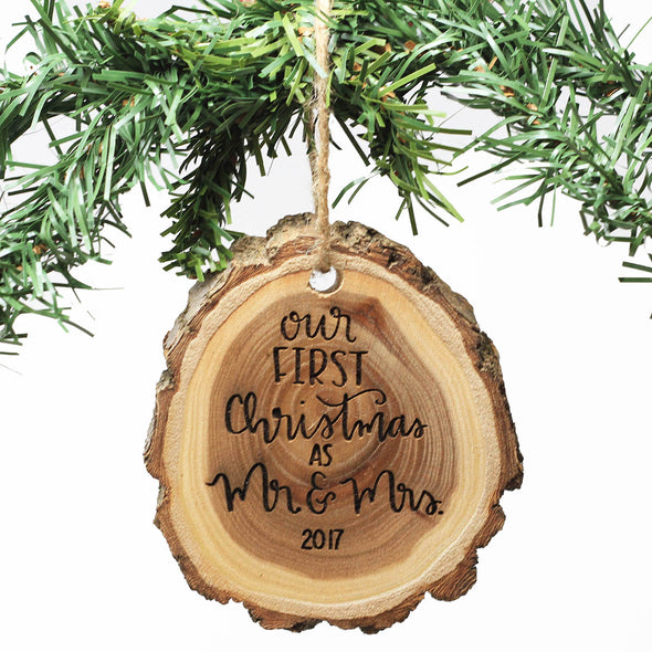 Engraved Tree Slice Wood Ornament - Our First Christmas As Mr & Mrs. 2019