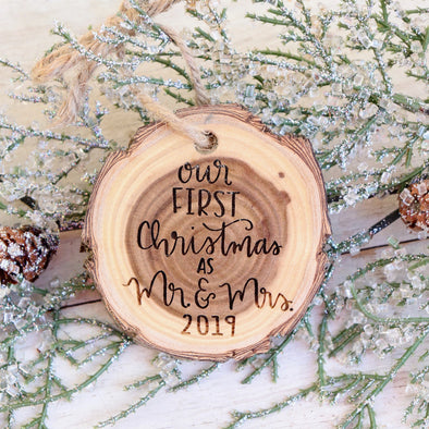 Mr. & Mrs. Tree Slice Personalized Christmas ornament