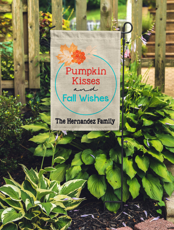 Fall Garden Flag,  Pumpkin Kisses and Fall Wishes, Custom Garden Flag for Fall, Personalized Fall Flag