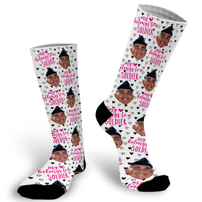 my heart belongs to a soldier, military gift, photo face socks, face socks, photo socks, funny photo socks, 