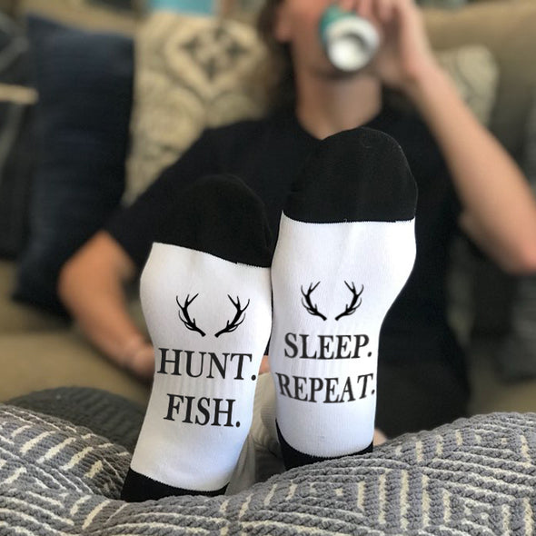 Funny Socks, Bottom of Sock Sayings, "Hunt, Fish, Sleep, Repeat"