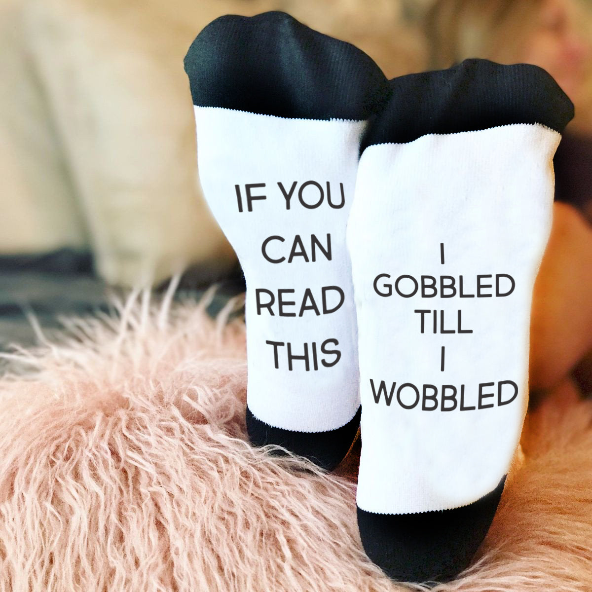 Funny Socks, Bottom of Sock Sayings, If you can read this, I gobbled –  Stamp Out