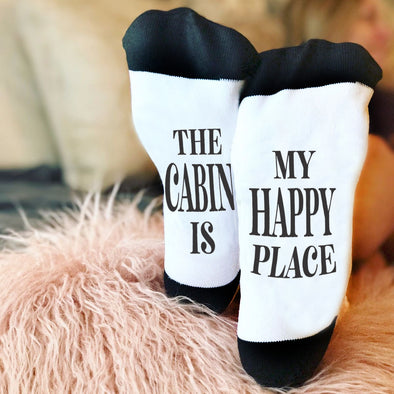 Funny Socks, Bottom of Sock Sayings, "The cabin is my happy place"
