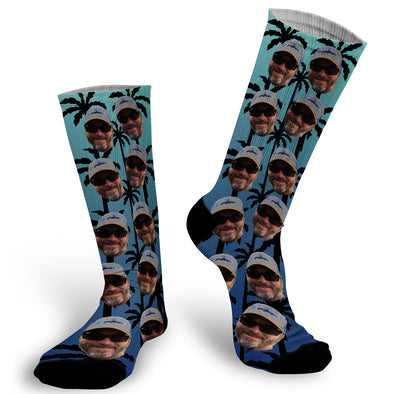 Blue Socks with Palm Trees and Faces, Photo on Blue background with Palm Trees Socks, Face Socks, Personalized Face Socks, Picture on Blue background with Palm Trees Socks