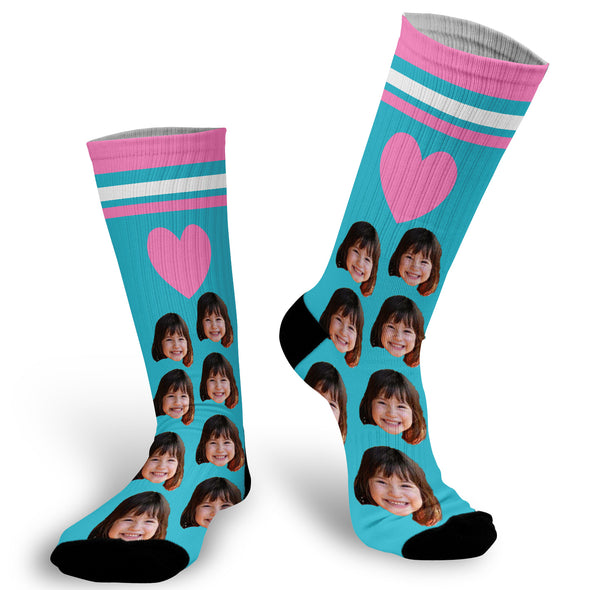 Blue Socks with Pink Heart and Stripe Fun Photo Socks, Photo on Blue With Pink stripes and heart background Socks, Face Socks, Personalized Face Socks, Picture on Blue background with Heart Socks
