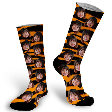 tiger, tiger stripes, animal print, photo sock, photo socks, custom photo socks, face sock, face socks, funny socks, picture on sock, stocking stuffer