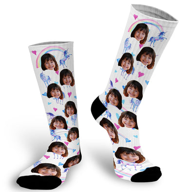 unicorn socks, unicorn, socks, sock, rainbow, print socks, picture on socks, photo socks, magical, hearts, fun socks, face socks, custom socks