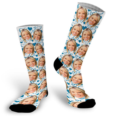 Blue Hearts Face Socks, Valentines Day Socks, Fun Heart Socks, Custom Face Socks, Photo Socks