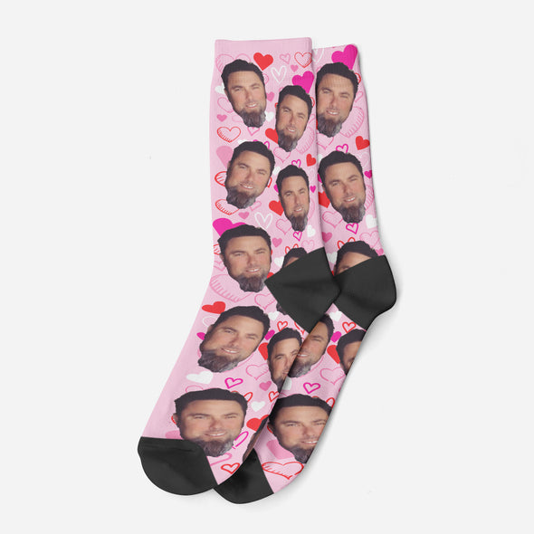 Pink Valentine's Day Face Socks with hearts, Valentines Day Picture Socks, Fun Pink Socks, Custom Face Socks, Photo Socks