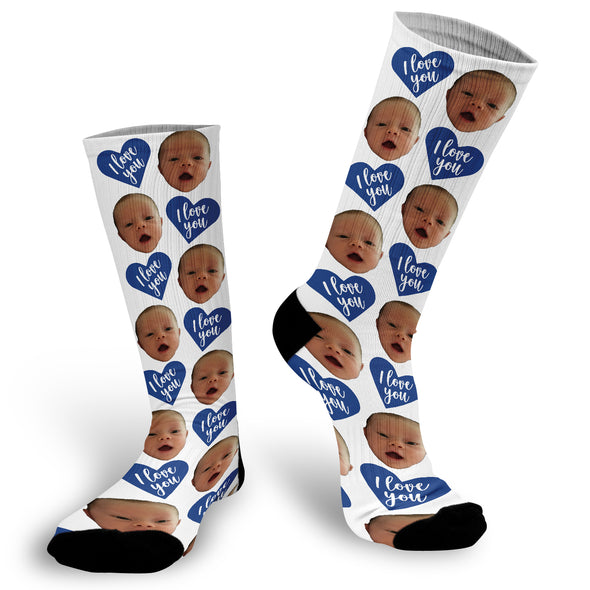 I Love You Blue Heart Valentine's Day Face Socks, Valentines Day Picture Socks, Heart Face Socks, Custom Face Socks, Photo Socks