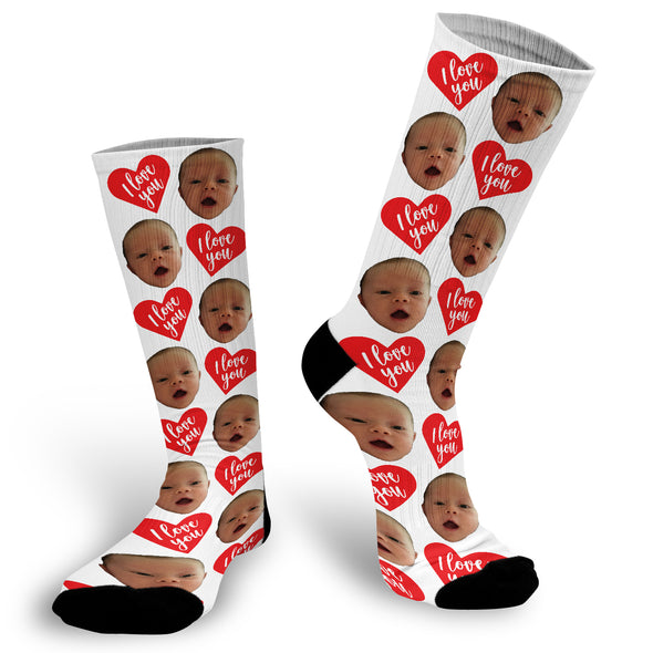 I Love You Red Heart Valentine's Day Face Socks, Valentines Day Picture Socks, Heart Face Socks, Custom Face Socks, Photo Socks