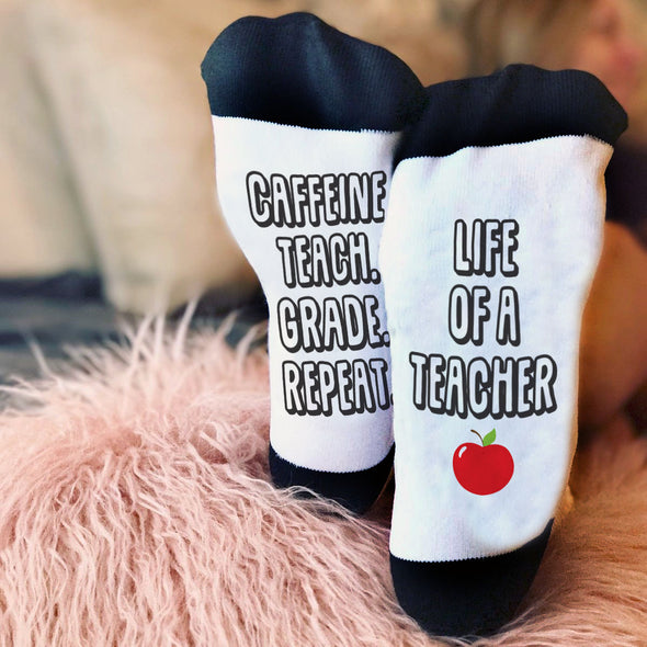 Caffeine, Teach, Grade, Repeat, Teacher Socks, Teacher Gift, Funny Teacher Gift