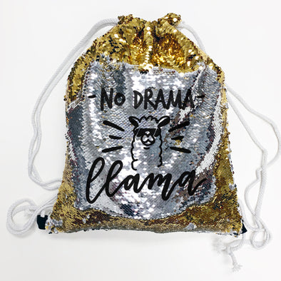 Reversible Sequin Drawstring Bag, Personalized Sequin Bag "No Drama Llama"