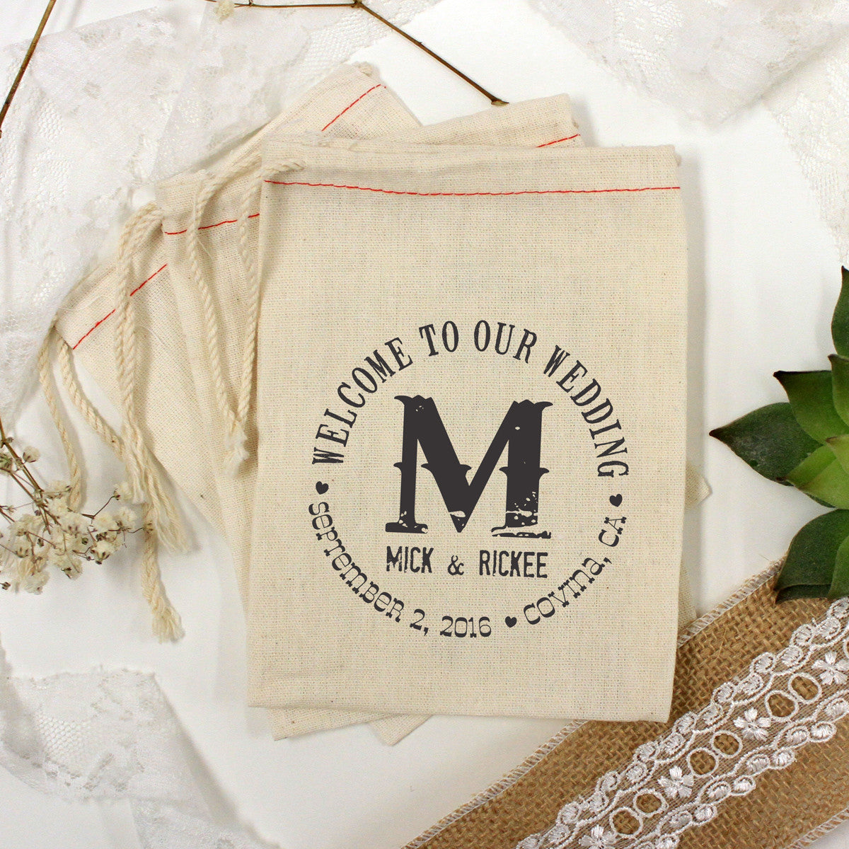 Muslin Bag - Welcome to Our Wedding Mick & Rickee - Set of 25