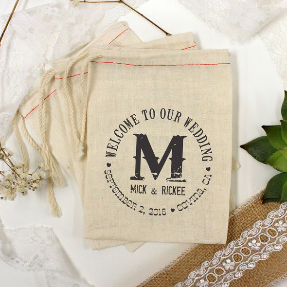Muslin Bag - "Welcome to Our Wedding Mick & Rickee" - Set of 25