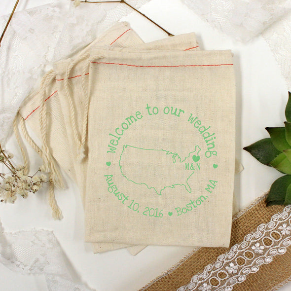 Muslin Bag - "Welcome to Our Wedding Map & Initials" - Set of 25