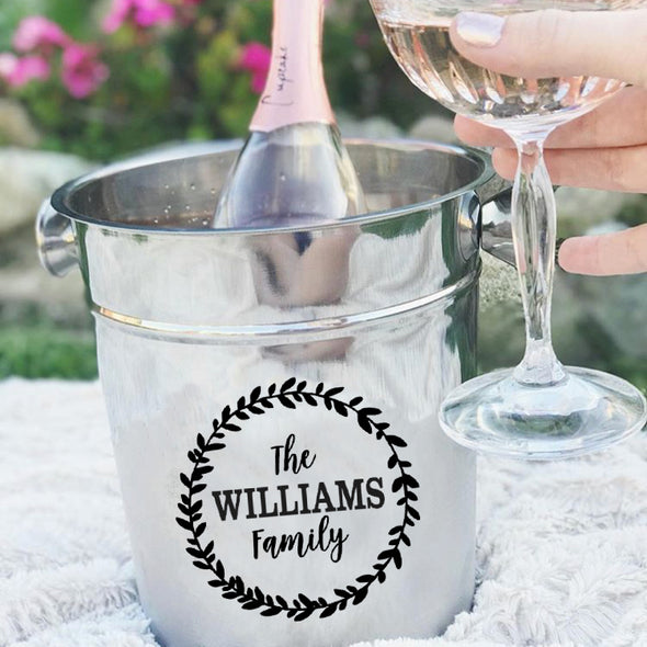 Personalized Ice Bucket - Family Last Name with Wreath
